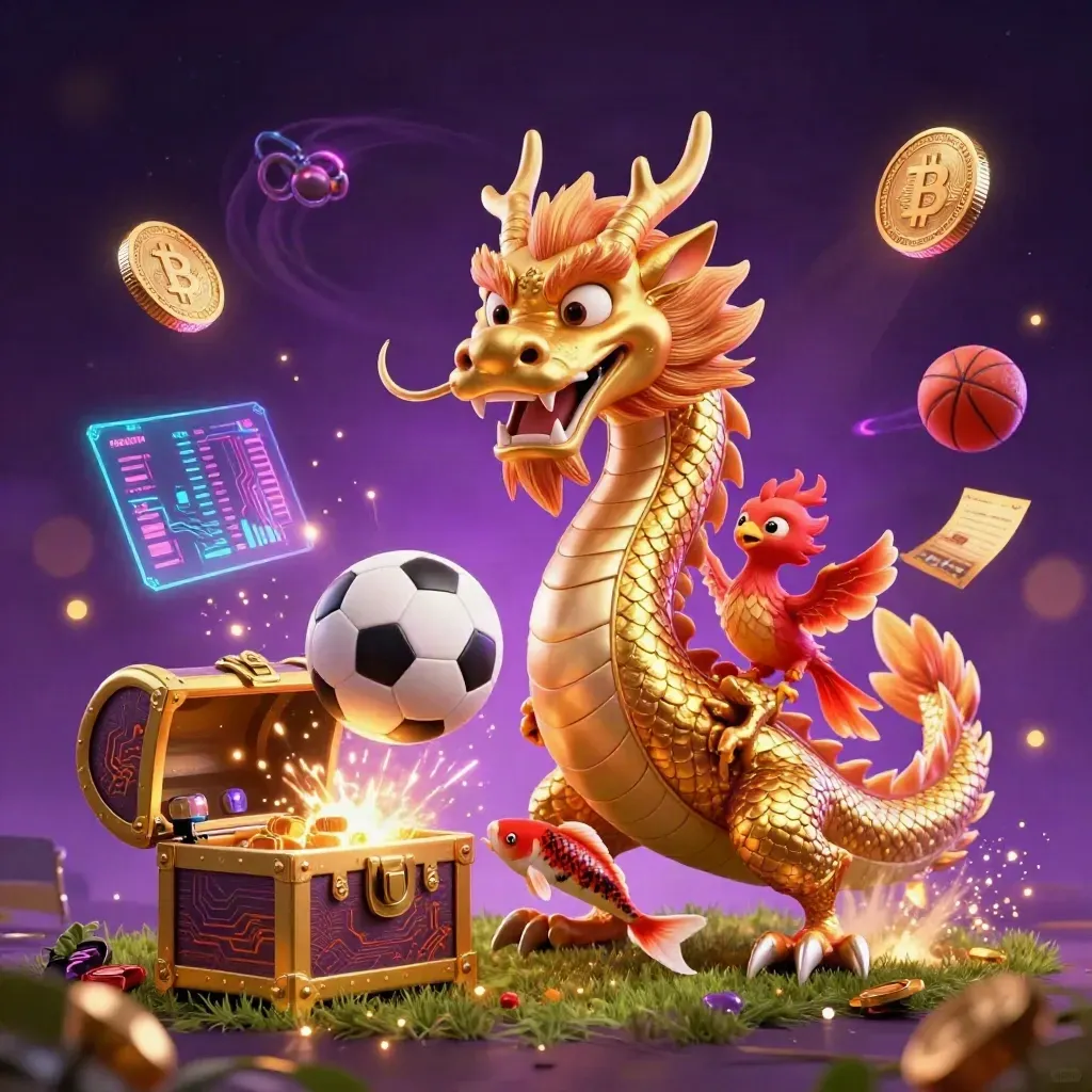 Golden dragon and phoenix smash through a neon soccer-ball explosion with coins and sparks.