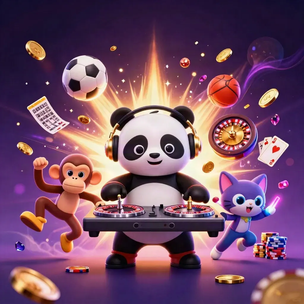 Three cartoon casino mascots erupt with coins, cards, chips and neon light on a dark purple background.