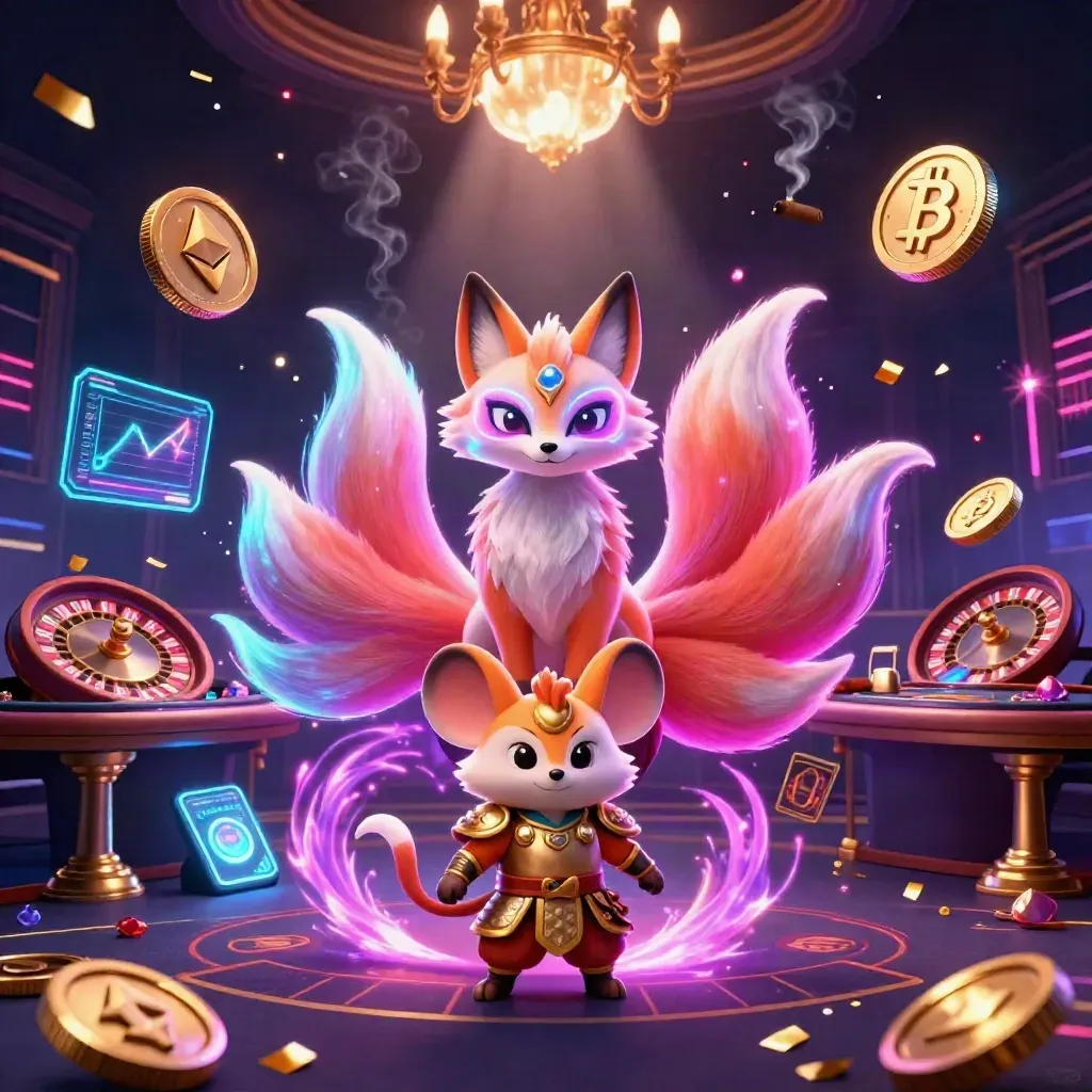 Fox spirit and golden mouse amid casino glam, crypto coins, roulette spin, confetti, neon lights.