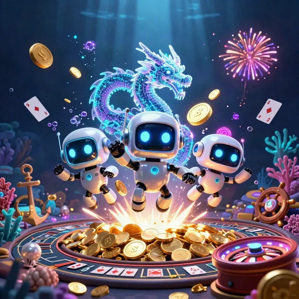 Robot, holographic dragon, and coin drone amid a glowing underwater treasure burst.