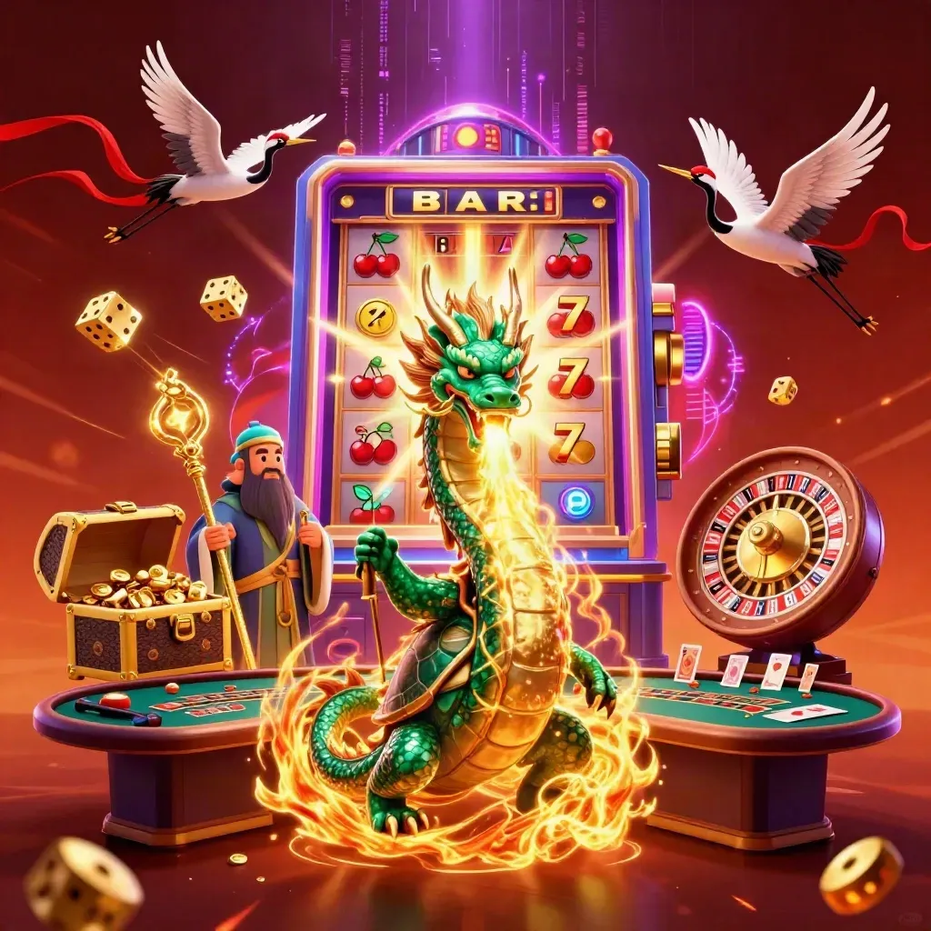 Dragon, turtle sage, and cranes amid exploding slots, coins, fireworks, and casino lights.