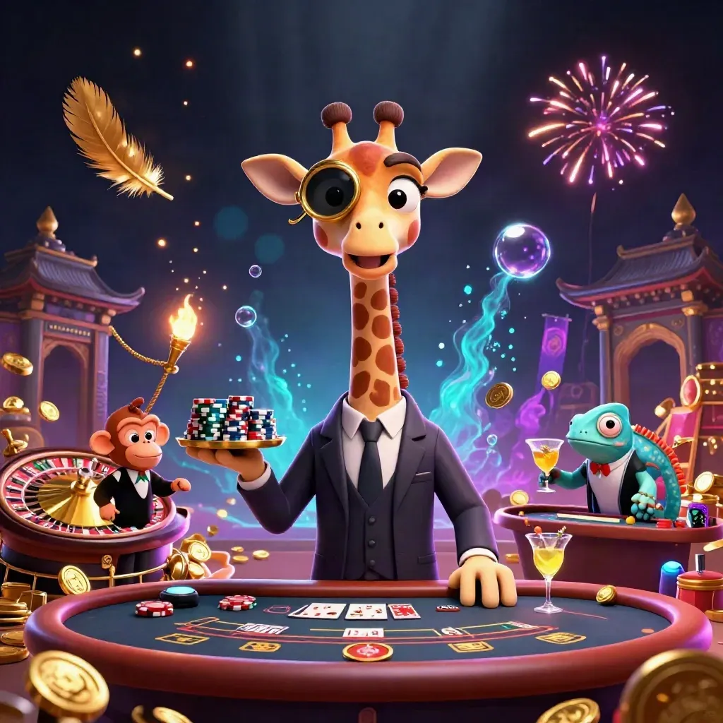 Giraffe VIP gambler, monkey valet, and chameleon bartender amid coins, fireworks, and neon casino glow