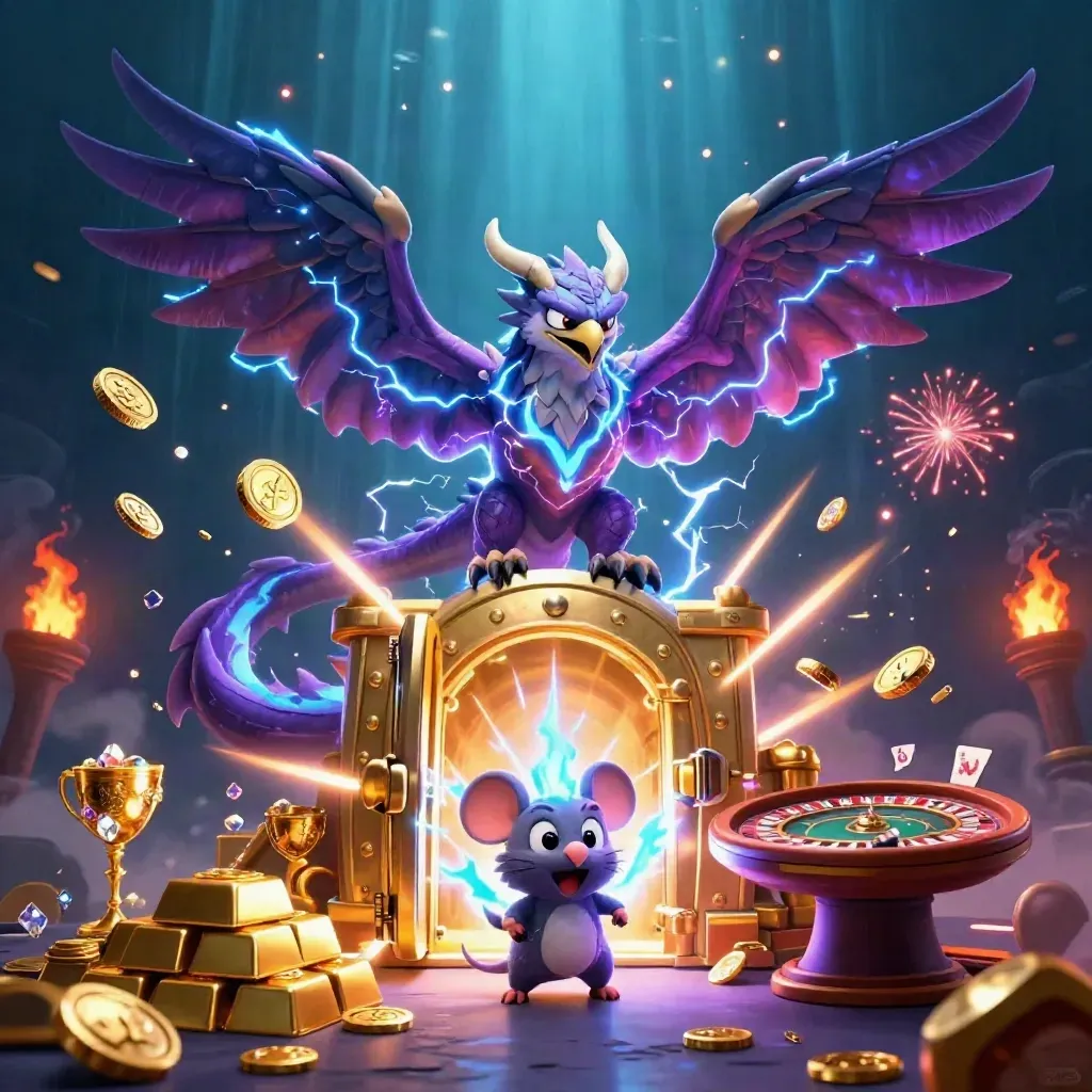Thunder dragon, hawk and mouse burst from a vault amid gold, jewels, and casino sparks.