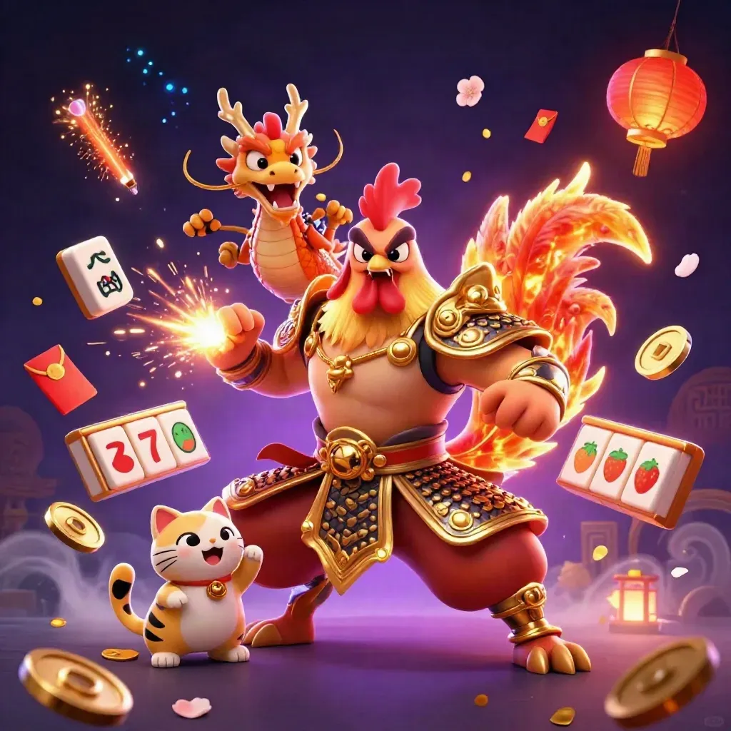 Rooster samurai, spark-breathing hatchling, and fortune cat amid casino treasures and glowing reels