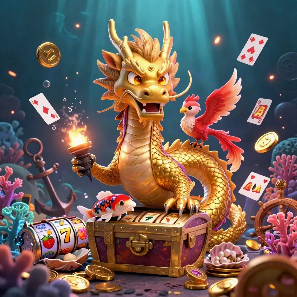 Golden dragon, phoenix, and koi in a neon underwater casino jackpot scene.