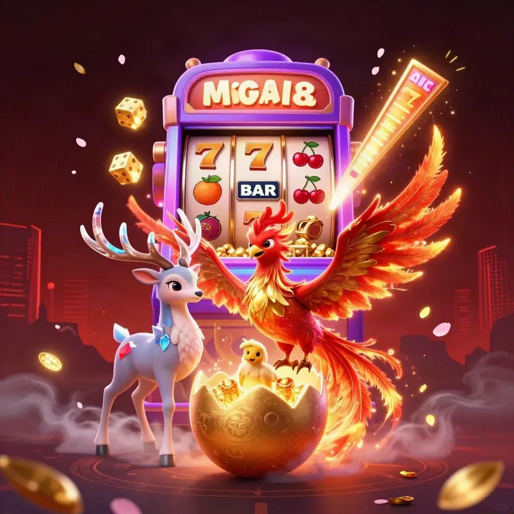 Phoenix, hatchling, and crystal-antler stag amid exploding slot reels and gold.